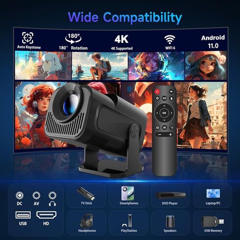 جهاز عرض HY320pro، يدعم جهاز عرض محمول 4K 1080P مع واي فاي 6 وبلوتوث، Android TV Smart Projrctor Auto Keystone، قابل للدوران 180 درجة، أجهزة عرض فيديو خارجية للهاتف/عصا التلفزيون in Kuwait