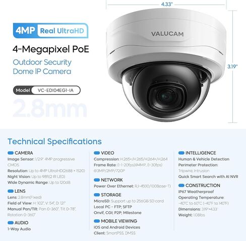 4MP@30fps IP PoE Outdoor Starlight Camera-0.006Lux@F1.6, AI Human/Vehicle Detection, Intrusion/Tripwire Alarms, 100ft IR Night Vision, Metal IP67/IK10, 256GB SD Slot, DMSS/SmartPSS Lite in Saudi Arabia
