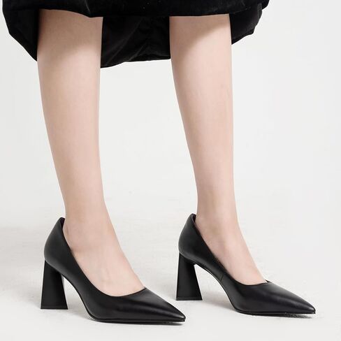 Women's Kitten Chunky Medium Heel Slip-On Pointed Toe Pumps Shoes Party Wedding Office Black in Saudi Arabia