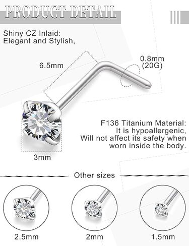 18G 20G 22G Titanium Nose Rings Studs for Women Men G23 Nose Nostril Piercing Jewelry Top Diamond CZ 1.5mm 2mm 2.5mm 3mm 4 Pair in Kuwait