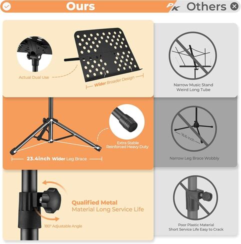 حامل الموسيقى، حامل الموسيقى Vangoa القابل للطي مع حامل ميكروفون قابل للفصل وحامل الهاتف، محمول خفيف الوزن مع حامل مشبك ورقة الموسيقى وحقيبة حمل لأداء فعال in Kuwait