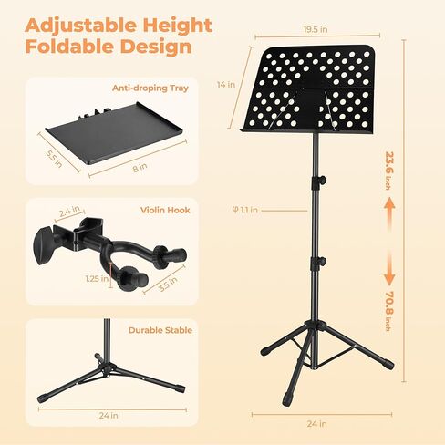 حامل الموسيقى، حامل الموسيقى Vangoa القابل للطي مع حامل ميكروفون قابل للفصل وحامل الهاتف، محمول خفيف الوزن مع حامل مشبك ورقة الموسيقى وحقيبة حمل لأداء فعال in Kuwait