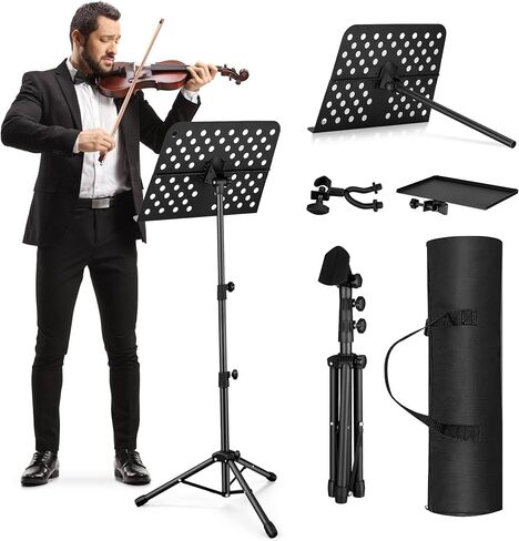 حامل الموسيقى، حامل الموسيقى Vangoa القابل للطي مع حامل ميكروفون قابل للفصل وحامل الهاتف، محمول خفيف الوزن مع حامل مشبك ورقة الموسيقى وحقيبة حمل لأداء فعال in Kuwait