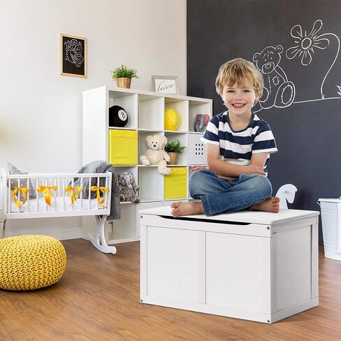 Costzon Kids Wooden Toy Box, Children Storage Chest & Bench with Flip Top Lid, Hinges, Wooden Toy Chest Storage Organizer Large Trunk for Kids Room Playroom Nursery (White) in Saudi Arabia