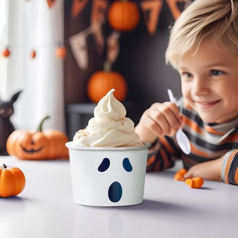 Paper Ice Cream Cups, 50-Count 9-Oz Disposable Dessert Bowls for Hot or Cold Food, 9-Ounce Halloween Party Supplies Treat Cups, Jack-O-Lantern, Orange in Kuwait