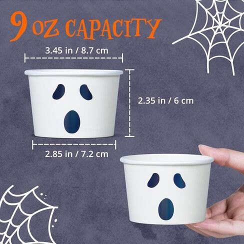 Paper Ice Cream Cups, 50-Count 9-Oz Disposable Dessert Bowls for Hot or Cold Food, 9-Ounce Halloween Party Supplies Treat Cups, Jack-O-Lantern, Orange in Kuwait