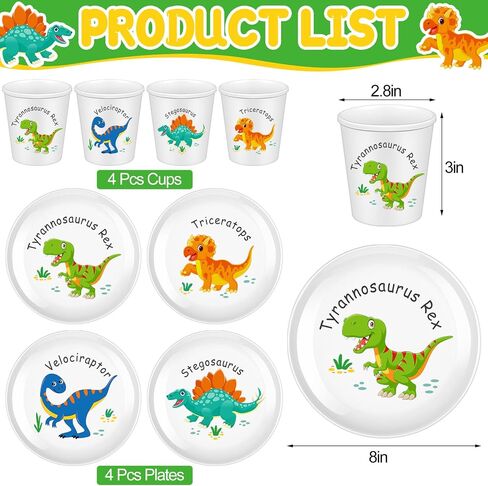 4 Sets Dinosaur Fun Kids Plates with Cups Plates Dinnerware Set for Toddlers Creatively Drop Resistant Cute Plastic Dishes Dishwasher Safe in Saudi Arabia
