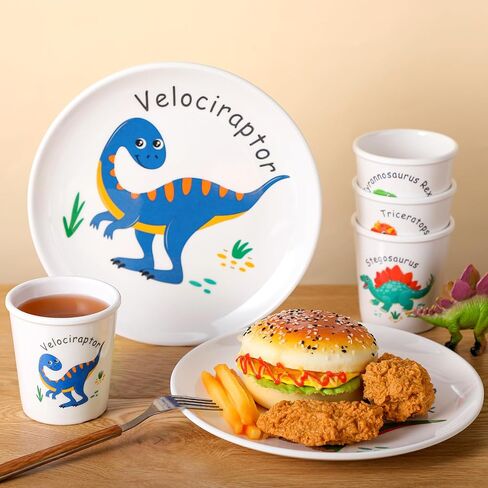 4 Sets Dinosaur Fun Kids Plates with Cups Plates Dinnerware Set for Toddlers Creatively Drop Resistant Cute Plastic Dishes Dishwasher Safe in Saudi Arabia