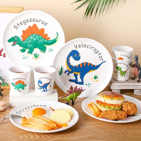 4 Sets Dinosaur Fun Kids Plates with Cups Plates Dinnerware Set for Toddlers Creatively Drop Resistant Cute Plastic Dishes Dishwasher Safe in Saudi Arabia