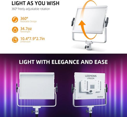 مصباح فيديو Godox LP600R RGB LED مع Barndoor، 60W 1800K-10000K 9270Lux LED لوحة ضوء مع 14 تأثيرات FX APP التحكم CRI/TLCI 96+ Dimmable 0-100% استوديو ضوء ناعم للتصوير الفوتوغرافي in Saudi Arabia