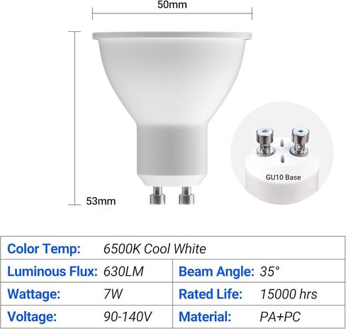 مصابيح GU10 LED قابلة للتعتيم، لمبة إضاءة 6500K ضوء النهار الأبيض، 630LM LED لمبة كشاف 7W (50W مكافئ الهالوجين) لمبة إضاءة المسار للمطبخ، غطاء محرك السيارة، غرفة النوم، 6500K، 6 عبوات in Kuwait