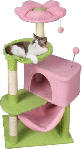 Cat Tree 33'' Cute Cat Tower Small Flower Cat Trees for Indoor Cat Condo with Hanging Toys Pink Large Top Perch for Kittens and Adults Cats in Kuwait