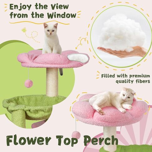 Cat Tree 33'' Cute Cat Tower Small Flower Cat Trees for Indoor Cat Condo with Hanging Toys Pink Large Top Perch for Kittens and Adults Cats in Kuwait