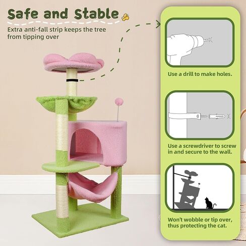 Cat Tree 33'' Cute Cat Tower Small Flower Cat Trees for Indoor Cat Condo with Hanging Toys Pink Large Top Perch for Kittens and Adults Cats in Kuwait