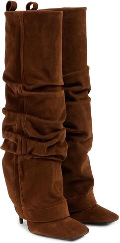 Goolita Fold Over Boots For Women, Square Toe Stiletto Heel Slouchy Knee High Boots Leather Comfortable Slip On Tall Boots in Saudi Arabia