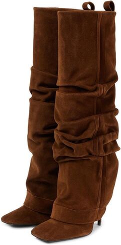 Goolita Fold Over Boots For Women, Square Toe Stiletto Heel Slouchy Knee High Boots Leather Comfortable Slip On Tall Boots in Saudi Arabia