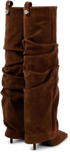 Goolita Fold Over Boots For Women, Square Toe Stiletto Heel Slouchy Knee High Boots Leather Comfortable Slip On Tall Boots in Saudi Arabia