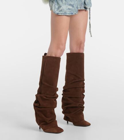 Goolita Fold Over Boots For Women, Square Toe Stiletto Heel Slouchy Knee High Boots Leather Comfortable Slip On Tall Boots in Saudi Arabia