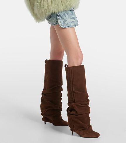 Goolita Fold Over Boots For Women, Square Toe Stiletto Heel Slouchy Knee High Boots Leather Comfortable Slip On Tall Boots in Saudi Arabia