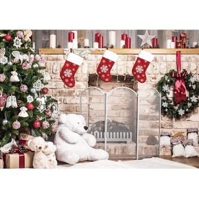 10x8ft Christmas Fireplace Backdrop for Photography Xmas Tree Socks Decorations for Family Party Photo Background Pictures Decor Photobooth Props