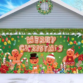 Christmas Garage Door Decoration, Gingerbread Candy Merry Christmas Garage Door Banner Cover Garage Backdrop for Xmas Holiday Outdoor Wall Decor Xmas Party Banner for Garage 7 x 16 ft
