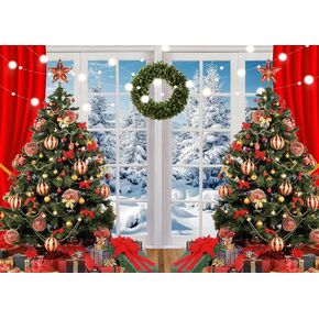 10X8FT Christmas Backdrop Christmas Tree Light Bar Red Curtains White Windows Winter Snow Backdrop Bedroom Decoration Party Supplies Studio Vinyl Photography Backdrop BY208