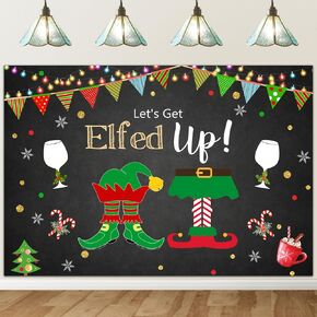 Avezano Let's Get Elfed Up Backdrop Ugly Sweater Christmas Party Decorations Xmas Winter Kids Adults Holiday Party Photography Background Photo Booth Studio Prop