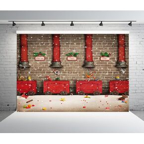 BELECO 7x5ft Fabric Santa Claus Workshop Backdrop Santa's Work Shop Red Train Gifts Rustic Brick Wall Snowflakes Winter Scene Background Winter Wonderland Christmas Party Decorations Photo Props
