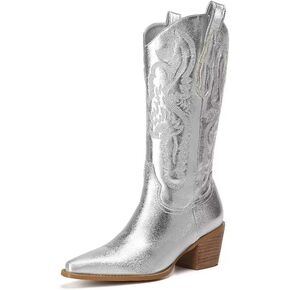 Women's Embroidered Western Cowboy Boots Cowgirl Boots Mid Tube Pointed Toe Chunky Heel Shiny Vintage Fashion Gold Boots