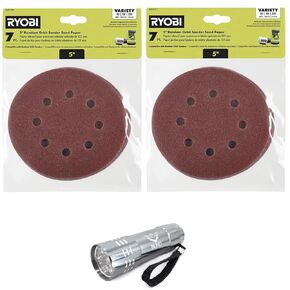 Sandpaper Bundle, (2 Pack) 7-Piece 5 inch Random Orbit Sandpaper Set, 14 pieces total with Buho Pocket Flashlight