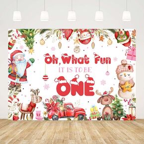 7x5ft Oh What Fun It is to Be One Backdrop for Girls Merry Christmas 1st Birthday Background for Photography Pink Christmas Night Candy House Snowflake Decorations Banner Photo Props