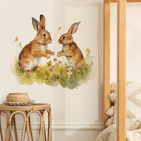 Playful Rabbits in Grass Wall Decal Nursery Bunny Animal Wall Sticker Removable Waterproof Easy Peel and Stick Perfect for Kids Baby Room Classroom Living Room Bedroom Bathroom