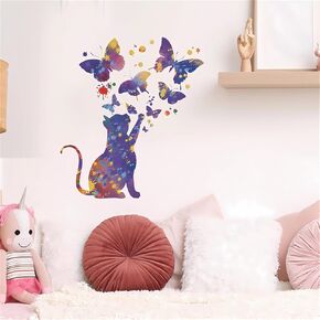 Fantasy Starry Sky Cat Butterfly Wall Stickers,sacinora Cartoon Kitten Animal Wall Decals Removable Vinyl Peel and Stick for Living Room Nursery Children's Room Bedroom Art Decorations