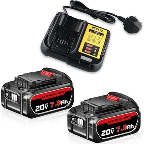FERRYBOAT DCB200 7.0Ah Replacement for Dewalt 20V Max Battery DCB200 DCB201 DCB203 DCB204 DCB207 DCD/DCF/DCG Series Tools 2Pack + DCB112 Charger Kit,Replacement for Dewalt DCB112 Charger