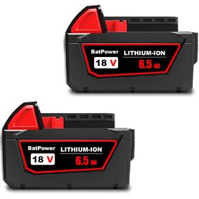 BatPower 2 Pack 48-11-1865 18V 6.5AH Lithium XC6.0 Extended Capacity Battery Replacement for Milwaukee 18V Battery M18 6.0Ah 5.0Ah 4.0Ah 3.0Ah 48-11-1860 48-11-1850