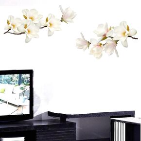 BIBITIME Magnolia Tree Branches Wall Stickers White Blossoming Flower Wall Decals for Living Room TV Background Decoration Couple Bedroom Window Glass Door Stickers