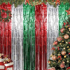 3 Pack Christmas Foil Fringe Curtains 3.3ft x 6.6ft Red Green Fringe Backdrop Curtains for Christmas Party Decorations Photo Prop Streamer Backdrop for Christmas New Year Ugly Sweater Birthday Party