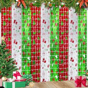 3 Pack 3.2ft x 6.6ft Christmas Metallic Foil Fringe Curtains, Red White Green Christmas Pattern Tinsel Streamer Backdrop for Xmas Winter Birthday Wall Door Background Indoor Outdoor Party Decorations