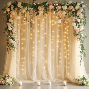 Fomcet White Tulle Backdrop Curtains with Lights String 10FT X 10FT Sheer Curtains with Lights for Backdrop Tulle Curtains Backdrop for Wedding Birthday Party Photo Shoot (2 Panels 5x10FT)