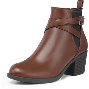 SHIBEVER Ankle Leather Boots for Women: Chunky Round Toe Low Heel Black Zipper Buckle Strap Casual Comfortable Block Elastic Winter Fall Chelsea Womens Booties