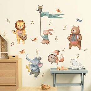Jungle Animals Music Notes Wall Decals Rabbit Fox Elephant Lion Bear Playing Music Wall Stickers Removable Vinyl Wall Art Decor for Kids Nursery Babyroom Bedroom Playroom Classroom