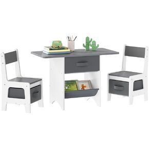 HOOBRO Toddler Table and Chair Set, 3 in 1 Wooden Kids Table and Chair Set, 3 Fabric Drawers and 2 Chairs with Storage, for Kids Gift, for Home, Playroom, White and Gray WG01KT01