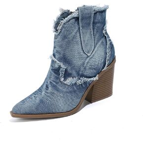 Women'S Denim Pointed Toe High Block Heel Western Boots Fashion Closed Toe Handmade Side Zipper Chunky Heels Booties Leisure Business Parties Ankle Boots