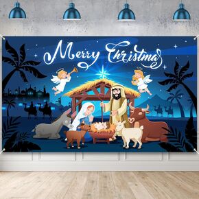 HOWAF Merry Christmas Nativity Backdrop Banner, Nativity Barn Birth of Jesus Nativity Backdrop Scene Blue Large Holy Nativity Backdrop for Christmas Party, 72.8 * 43.3 inch