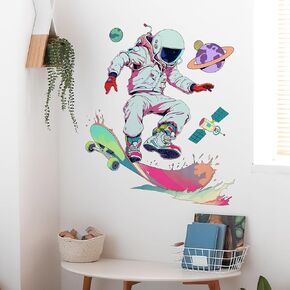 Cool Skater Astronaut Wall Sticker Nursery Wall Decal for Kid Boy Removable Peel and Stick Cyberpunk Wall Art Home Decor Decoration for Classroom Preschool Playing Room Living Room Bedroom