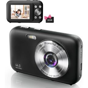 Digital Camera, FHD 1080P Kids Camera with 32GB SD Card 44MP Point and Shoot 16X Zoom, Compact Portable Small for Teens Students Girls Boys Beginner-Black