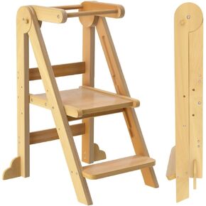 Toddler Tower, Foldable Step Stool for Toddlers, Toddler Kitchen Stool Helper with 3 Adjustable Height Safty Rail and Anti-Tip Structure, Learning Tower for Toddlers Baby Kids