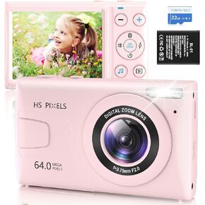 Kids Small Compact Digital Camera: 64MP 4K Video Camera with 32GB MicroSD Card 18X Digital Zoom, Auto-Focus Point and Shoot Camera for Girls Boys Christmas Birthday Gift-Pink