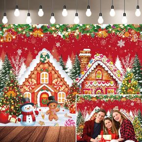 Christmas Gingerbread House Backdrop Winter Merry Xmas Tree Gingerbread Snowman Photography Background Kids Adults Winter Family Holiday Party Red Christmas Theme Decoration (7x5FT)