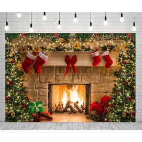 7x5ft Christmas Fireplace Backdrop for Photography Xmas Tree Gift Stockings Photobooth for Christmas Party Banner Decorations Photo Studio Props